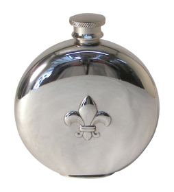 Round Shaped Flask with Fleur De Lys Design. Fine English Pewter 6 oz