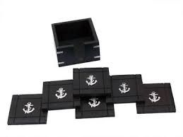 Black Wooden Coasters with Chrome Anchor Inlay 4"" - Set of 6