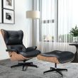 Mid-Century Modern Genuine Leather Lounge Chair & Ottoman