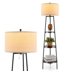 Modern Floor Lamp with 3-Tier Bookcase and Linen Shade