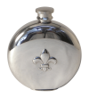 Round Shaped Fine English Pewter 6 oz Flask with Fleur De Lys Design.