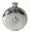 Round English Pewter Flask with Fleur De Lys Design 6 oz