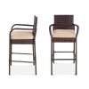 Stylish Set of 2 Brown Wicker Bar Stools for Indoor/Outdoor Use with Comfortable Tan Cushions