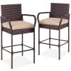 Stylish Set of 2 Brown Wicker Bar Stools for Indoor/Outdoor Use with Comfortable Tan Cushions