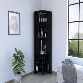 Corner Bar Cabinet Castle, Three Shelves, Eight Wine Cubbies, Black Wengue Finish