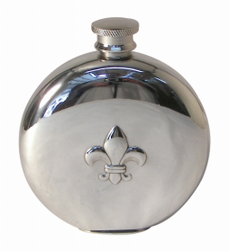 Round Shape English Pewter Flask with Fleur De Lys Design 6 oz