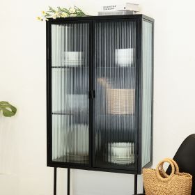 Retro-Styled, Fluted Glass, High Cabinet with Detachable Shelves and Dual Doors, Black