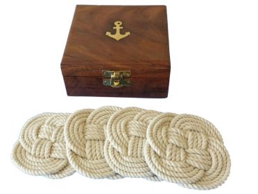 Nautical Rope Coasters: Set of 4 with Rosewood Anchor Box