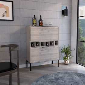 Puertu Bar Cabinet, Six Wine Cubbies, Double Door Cabinet, Light Gray Finish