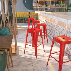 Commercial Grade 30 Inch High Backless Metal Indoor-Outdoor Bar Stool with Square Seat (Color: Red)