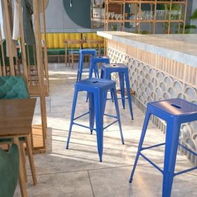 Commercial Grade 30 Inch High Backless Metal Indoor-Outdoor Bar Stool with Square Seat (Color: Blue)