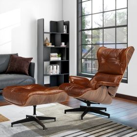 UPGRADE Mid century high back lounge chair with ottoman stool for Living Room Genuine Leather Club Chair (Color: Walnut retro brown aniline leather)